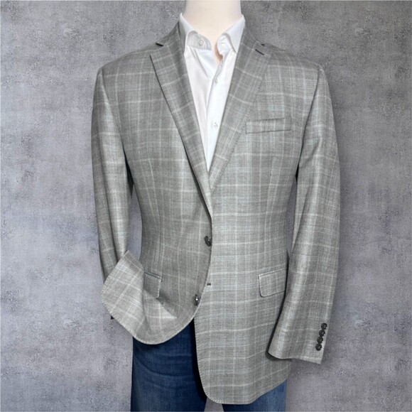 CALVIN KLEIN Men Blazer Sport Coat 2-Button Jacket 42L SILK/WOOL Gray Windowpane - Picture 1 of 10